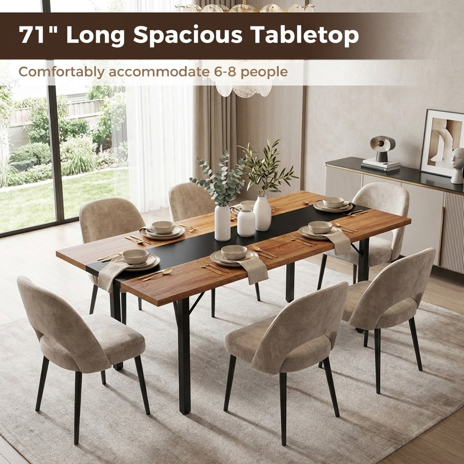 Furnibear 6 Feet Dining Table with Heavy-Duty Metal Frame for 6-8 People for Kitchen Dining Room Breakfast Nook Small Space Home, Natural