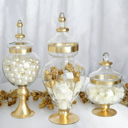 Candy Jar Glass Efavormart Set of 3 Gold Trimmed Apothecary Glass Candy Jars Candy Buffet Containers With Lids -11