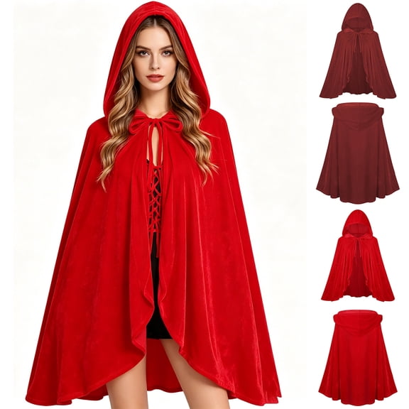 Women's Velvet Hooded Cape Bow Tie Closure Mid Length Party Dress Up Feastival Outfits