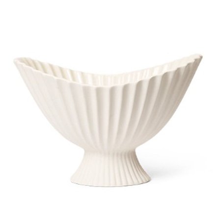 Ribbed Pedestal Fruit Bowl Cream Ceramic Design Serving Dish for Snacks Table Decor