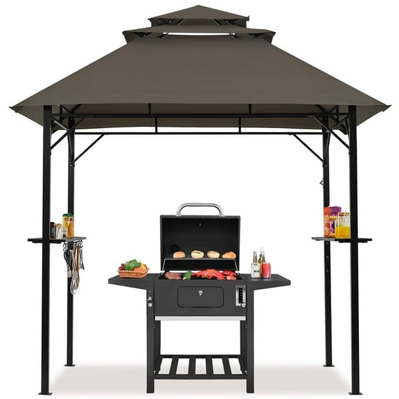 VibrantEcho 8x5' Grill Gazebo, 3-Tier Outdoor BBQ Gazebo with Height-Adjustable Shelves & 10 S-Shaped Hooks & Built-in Bottle Opener,Brown