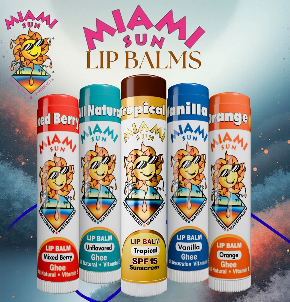 Miami Sun Variety Lip Balms, Mixed Natural & Tropical Flavor SPF 15, (20 Balms)