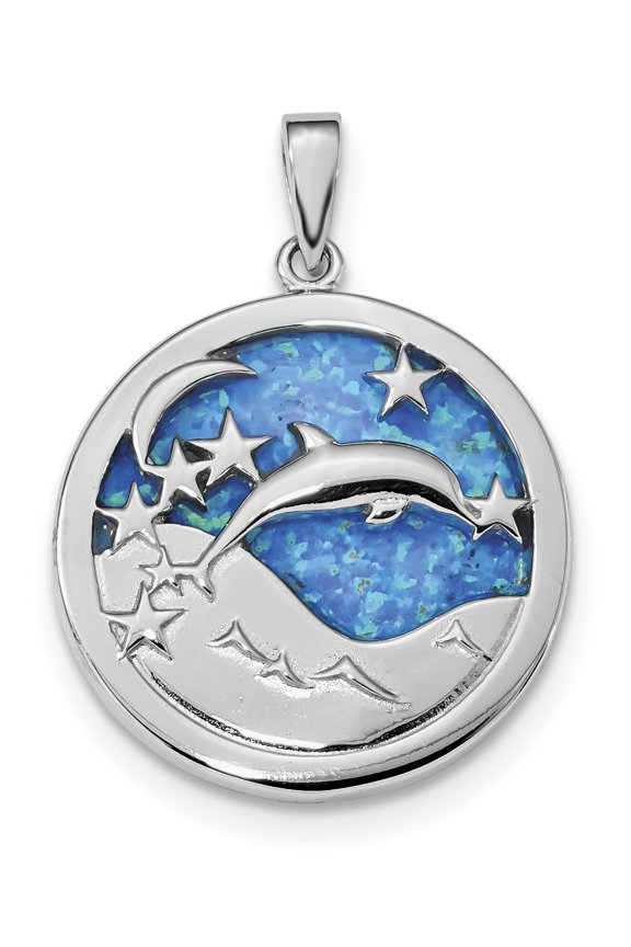 Sterling Silver Rhodium-plated Blue Inlay Created Opal Dolphins Pendant QP4868 (5.65 grams | 35.9MM x 26.6MM)