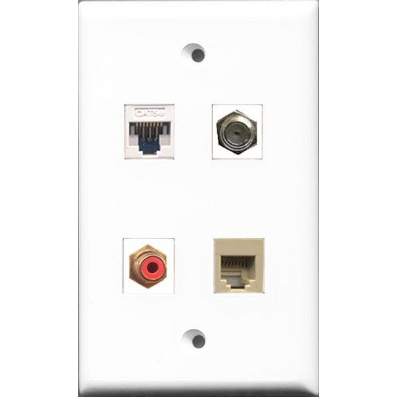 RiteAV - 1 Port RCA Red and 1 Port Coax Cable TV- F-Type and 1 Port Phone RJ11 RJ12 Beige and 1 Port Cat5e Ethernet White Wall Plate