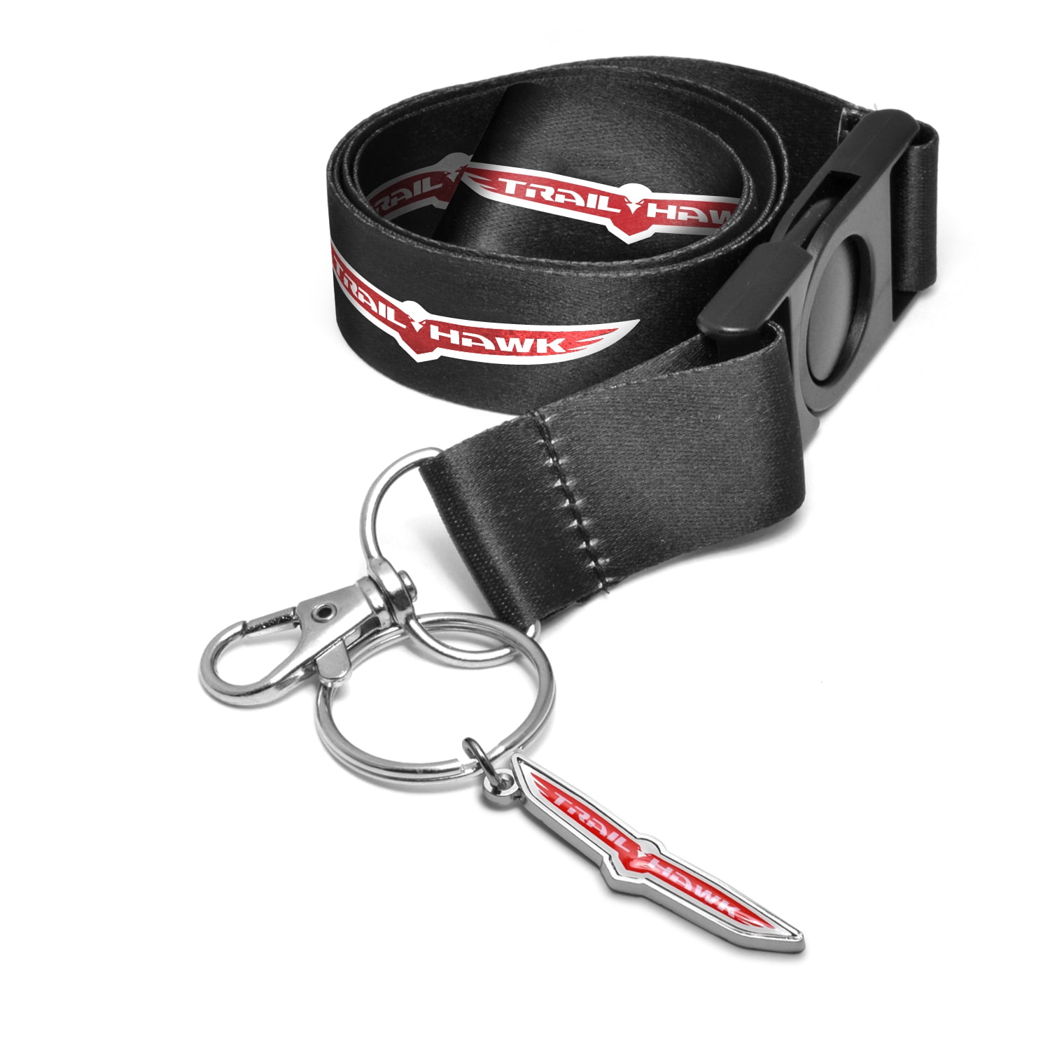 iPick Image for Jeep Trailhawk Full-Color Die-Cut Metal Key Chain with Printed Logo Black Lanyard Strap, Official Licensed