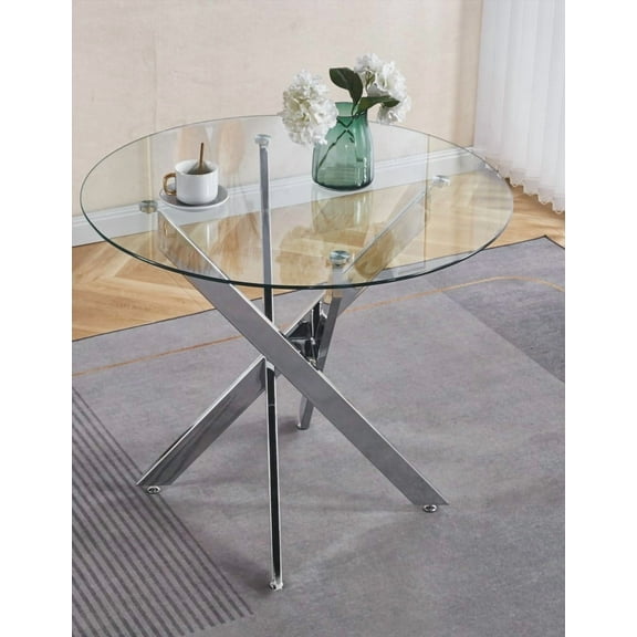 Modern Dining Table with Cross Metal Leg & Tempered Glass|Adjustable|Space Saving