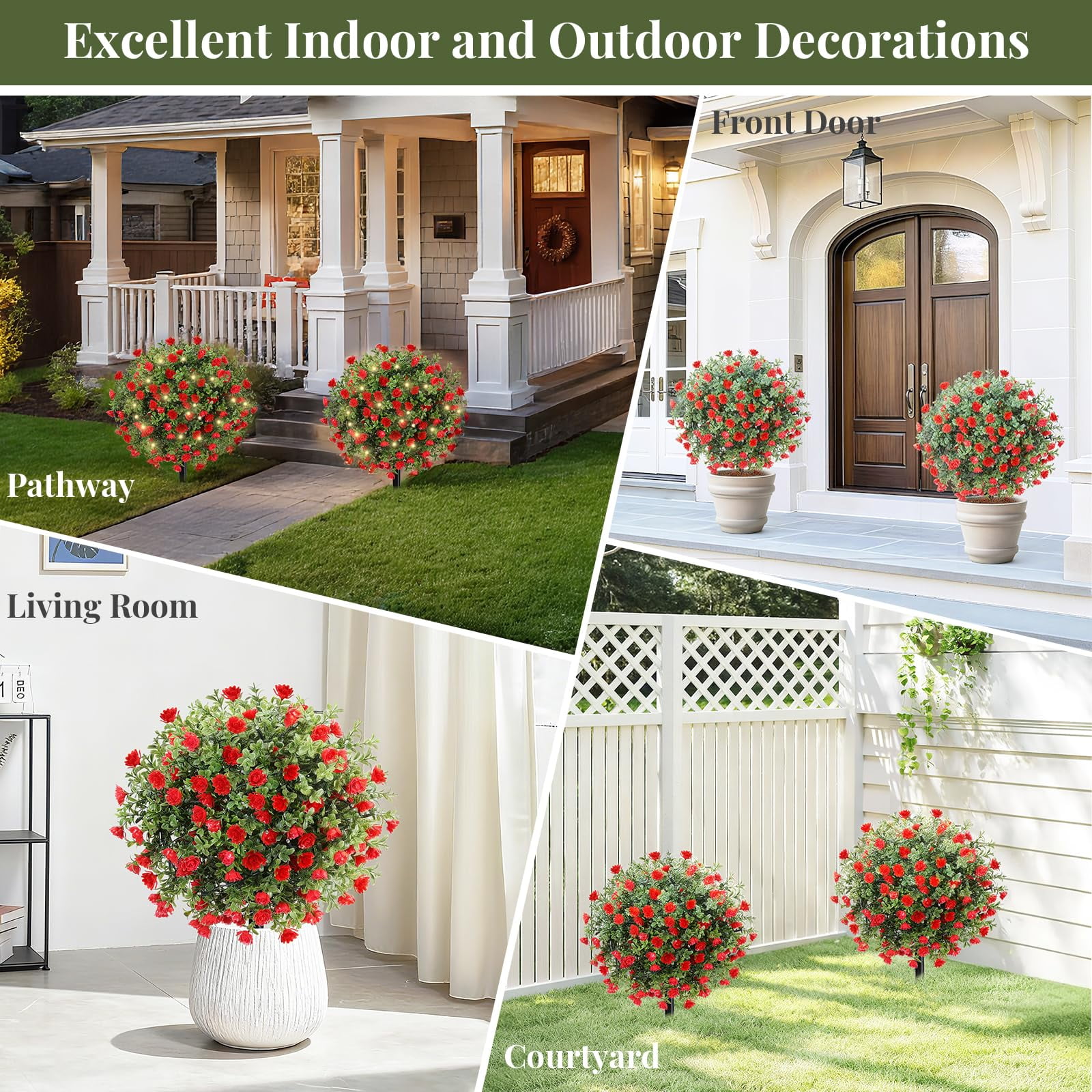 Lewondr Artificial Red Flowers Boxwood Topiary Ball Plants, 2 Pack Fake Plants for Outdoor with LED Lights, Faux Bushes with Ground Spike for Garden, Patio, Porch, Yard Decor