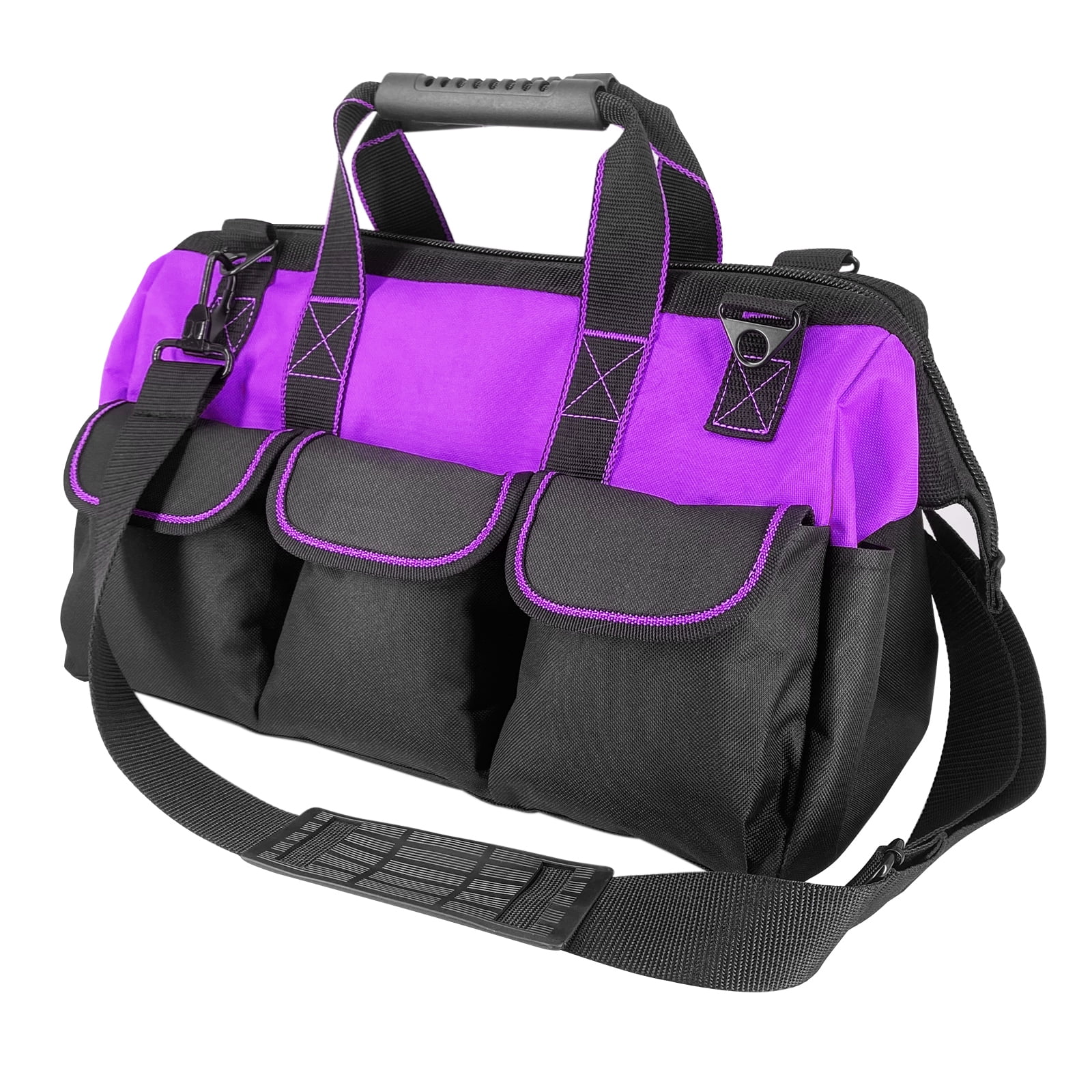 Yongzhenlite Garden Tools Bag 16inch Wide Mouth Tool Tote with Molded Base and Multi-Pockets for Men Heavy Duty,600D polyester fabric (Purple color)