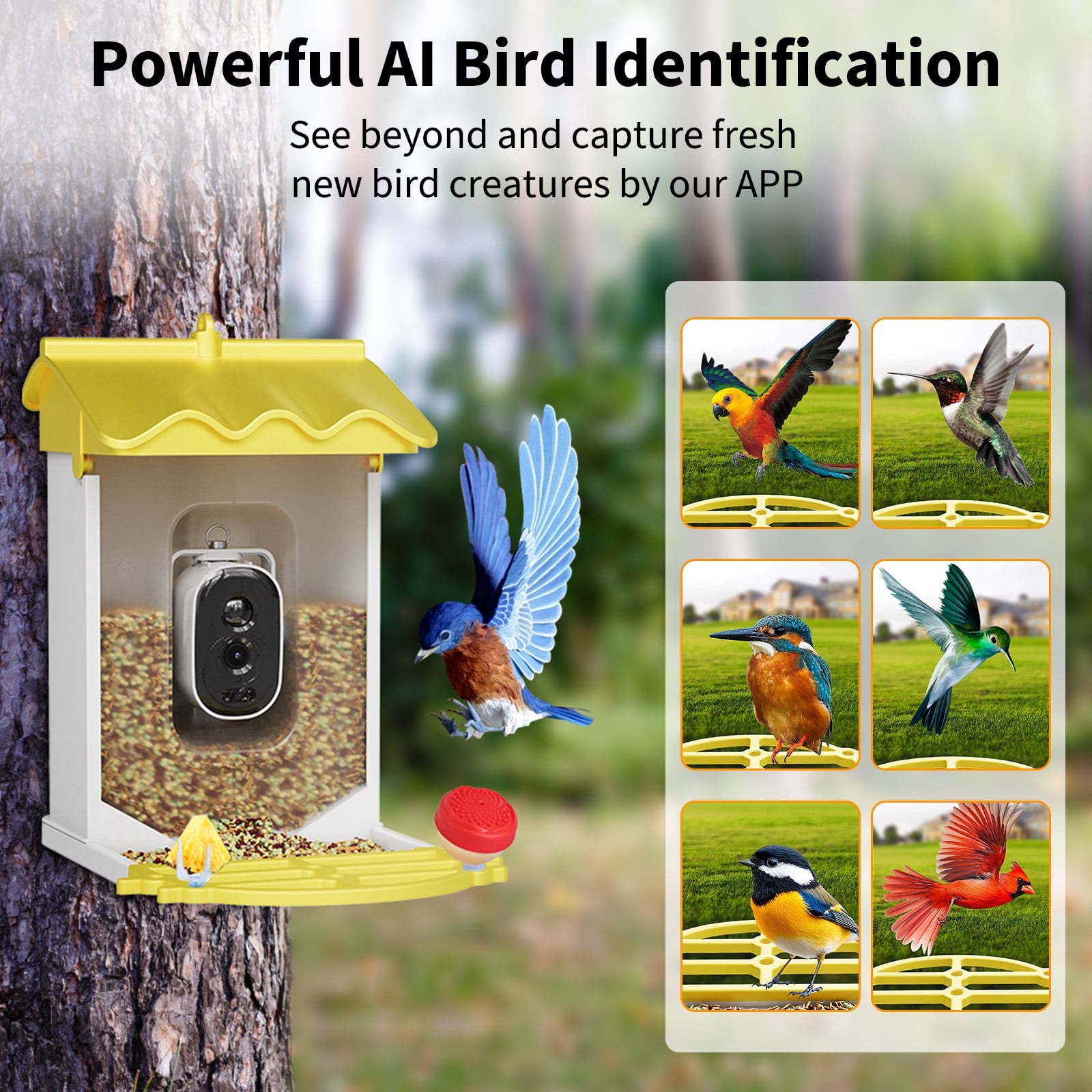 Solar-Powered Smart Bird Feeder with 4K Camera, AI Bird Recognition, Night Vision, App Alerts, Auto Recording, Squirrel Proof, Outdoor Wildlife Monitor, Yellow