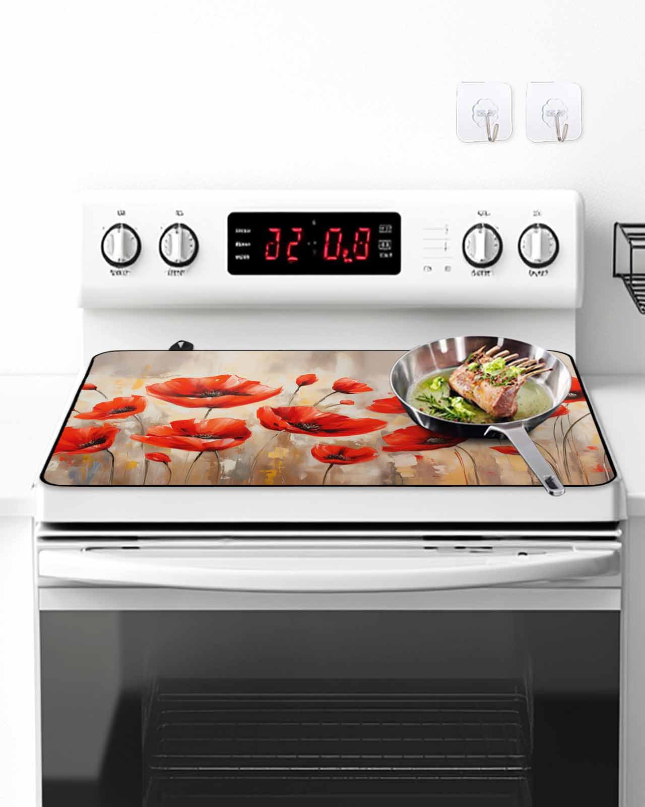 Stove Top Covers for Electric Stove, Red Spring Floral Glass Stovetop Cover Protector, Summer Botanical Watercolor Vintage Induction Cooktop Protector Oven Mat for Kitchen Countertop 24"x21"