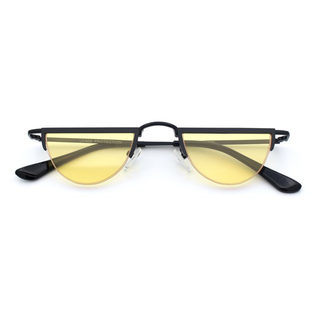 Lunettes de Soleil Hippie Funky Courtes Demi-Cercle à Monture Plate Demi-Métal Noir - Jaune