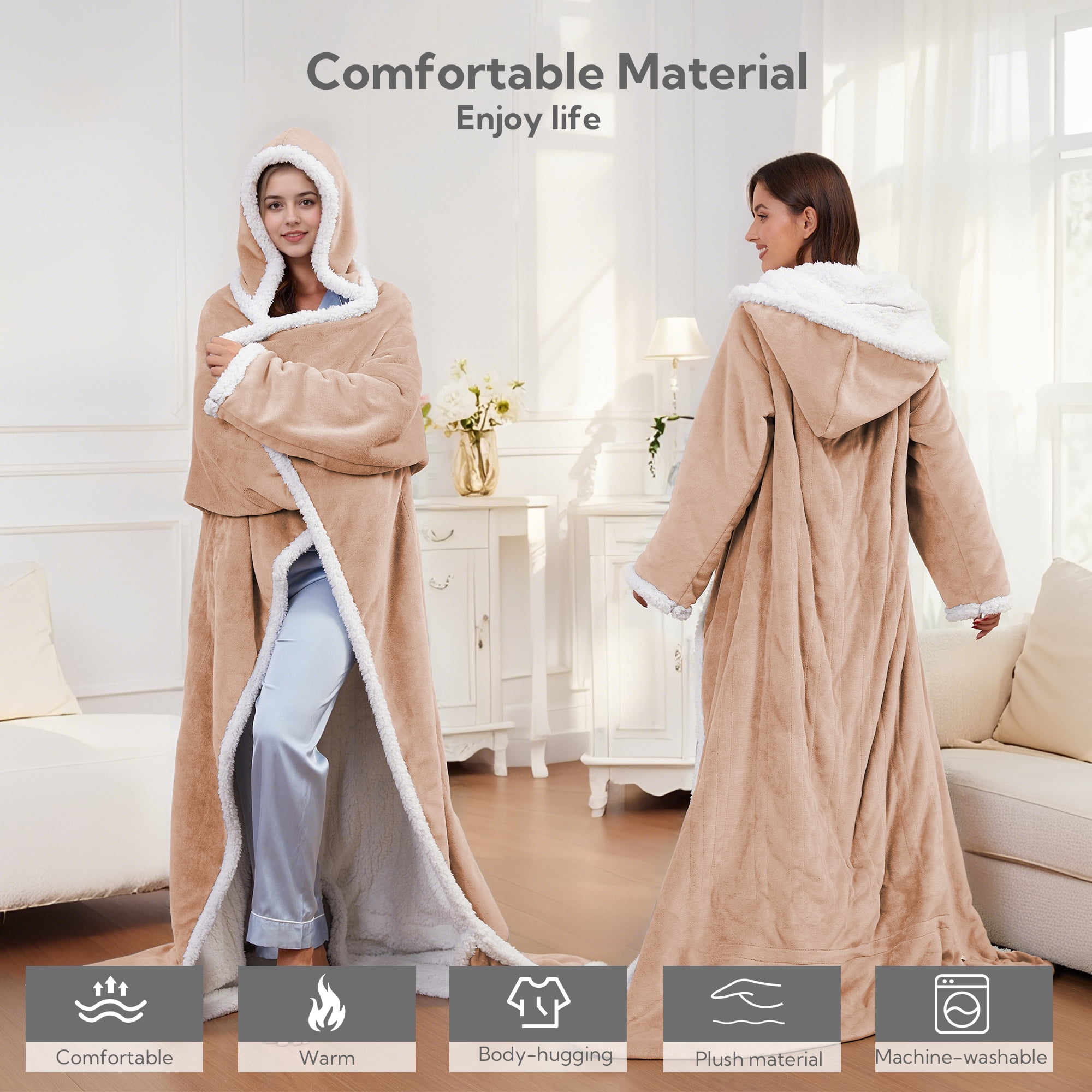 SUNNY HEAT Heated Wearable Blanket with Pockets and Hood, 50"x70",Soft Flannel & Sherpa,1-12H Timer, Machine Washable, Khaki