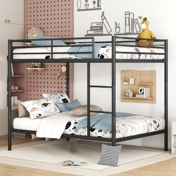 Bunk Bed Twin Over Twin, Metal Bunk Bed Frame, Bunkbeds with Built-in Ladder, High Guardrail and Metal Slats, No Box Spring Needed, Space Saving, Noise Free (Black)