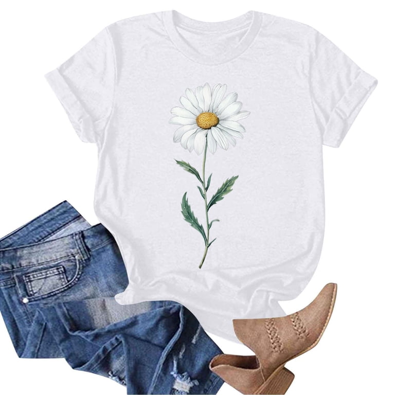 CAZYCHILD Women's Sunflower Print Crop Top T-Shirt - Casual Short Sleeve Graphic Tee For Summer
