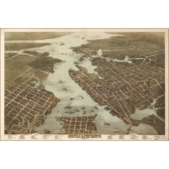 24"x36" Gallery Poster, map of Norfolk & Portsmouth, Virginia 1873
