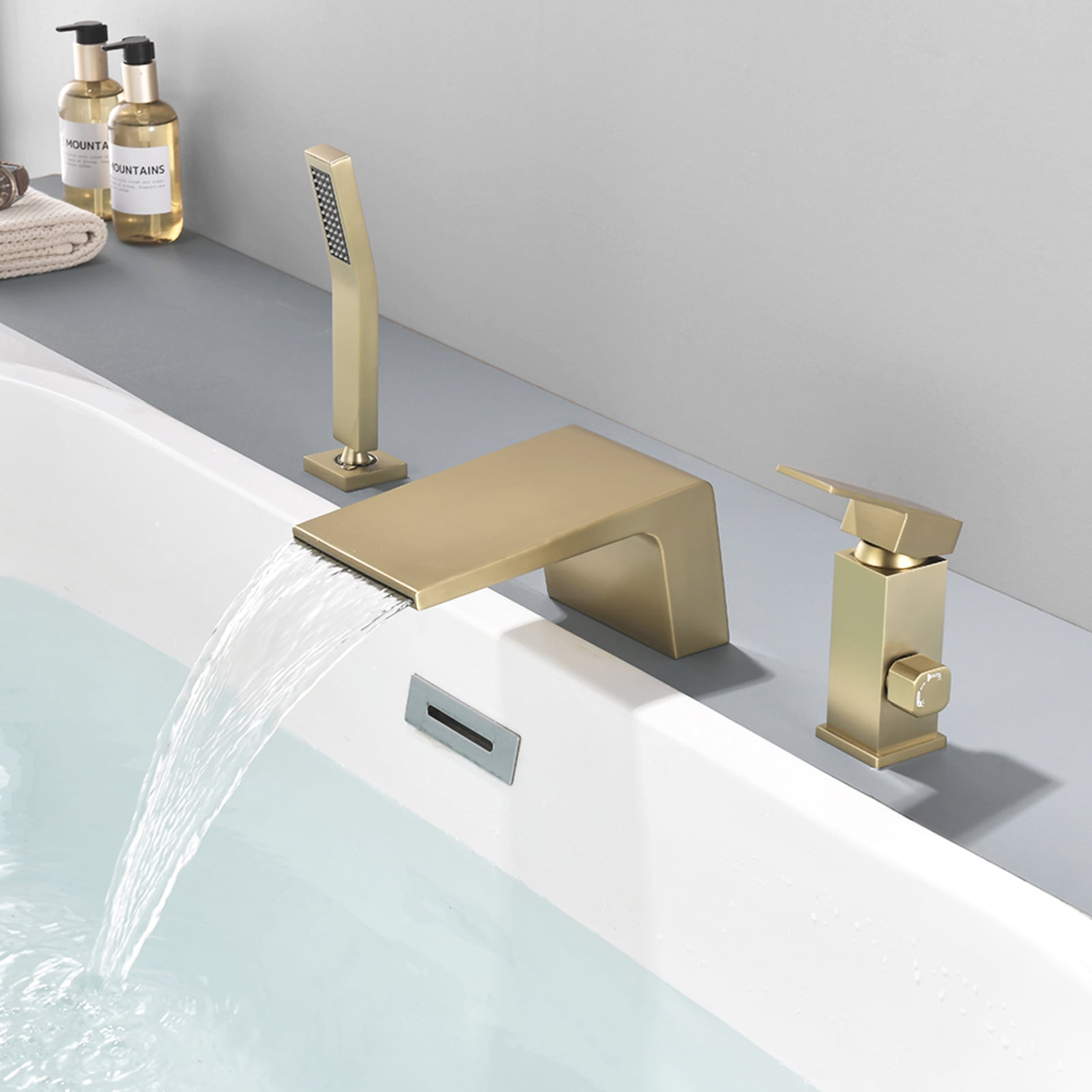 Cobbe Single Handle Bathroom Bathtub Faucet with 3.5-Inch Wide Waterfall Spout and Handheld Shower 3-Hole Deck Mount  Brushed Gold