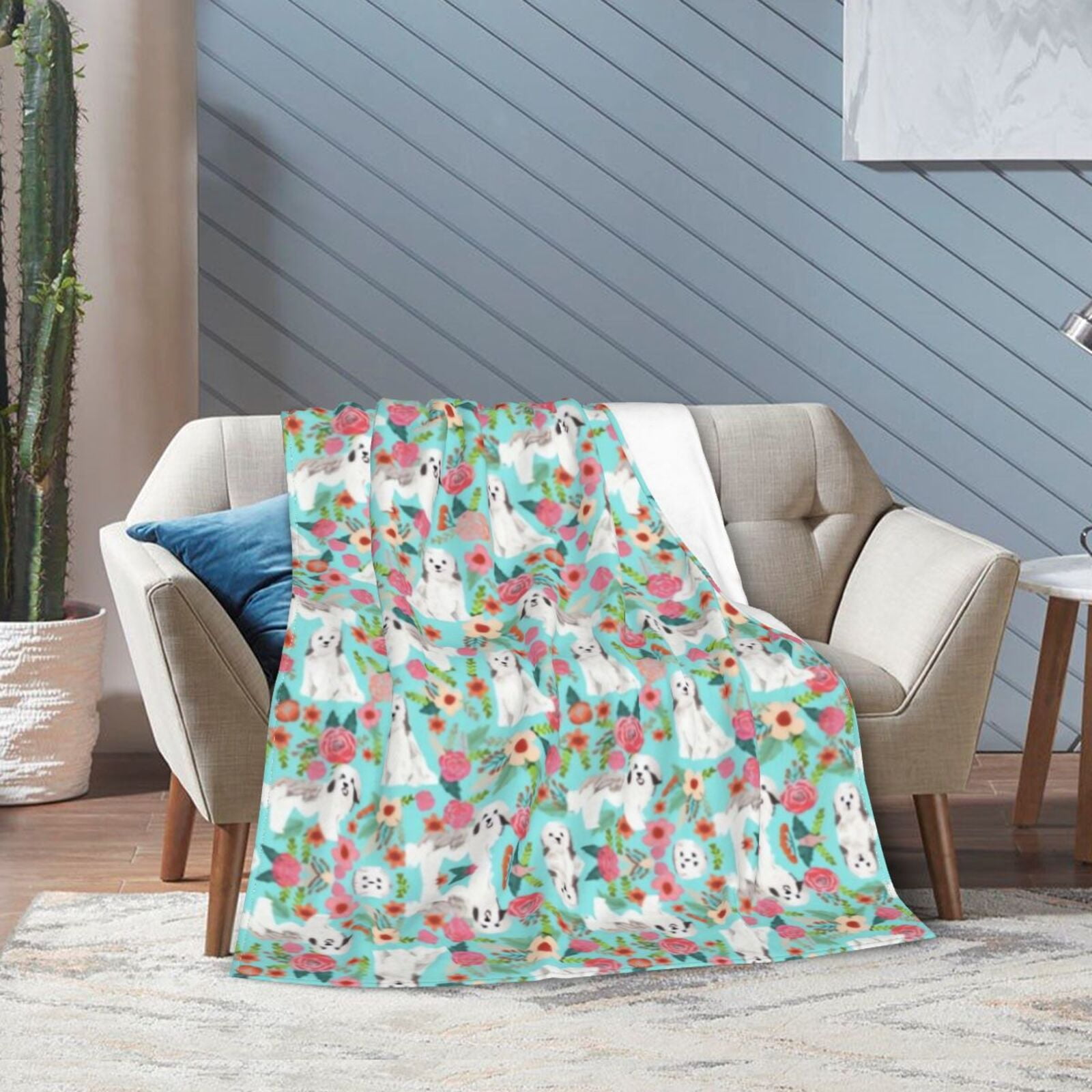 Wijzvio Havanese Dogs Flower Floral Throw Blanket Soft Fuzzy Fleece Blanket For Couch Bed Living Room Decoration 50"X40"