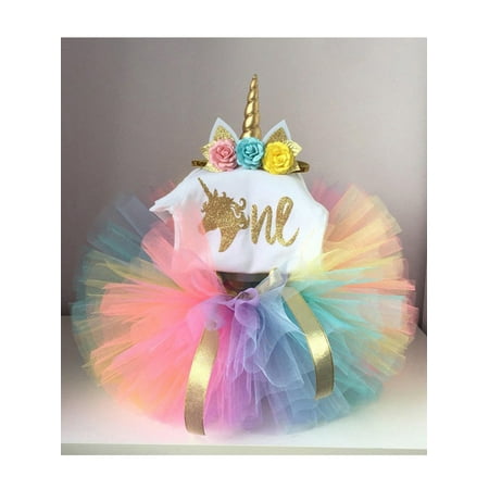 

AMILIEe Newborn Baby Girl 1st Birthday Unicorn Romper Rainbow Tulle Skirt 3PCS Outfit Set