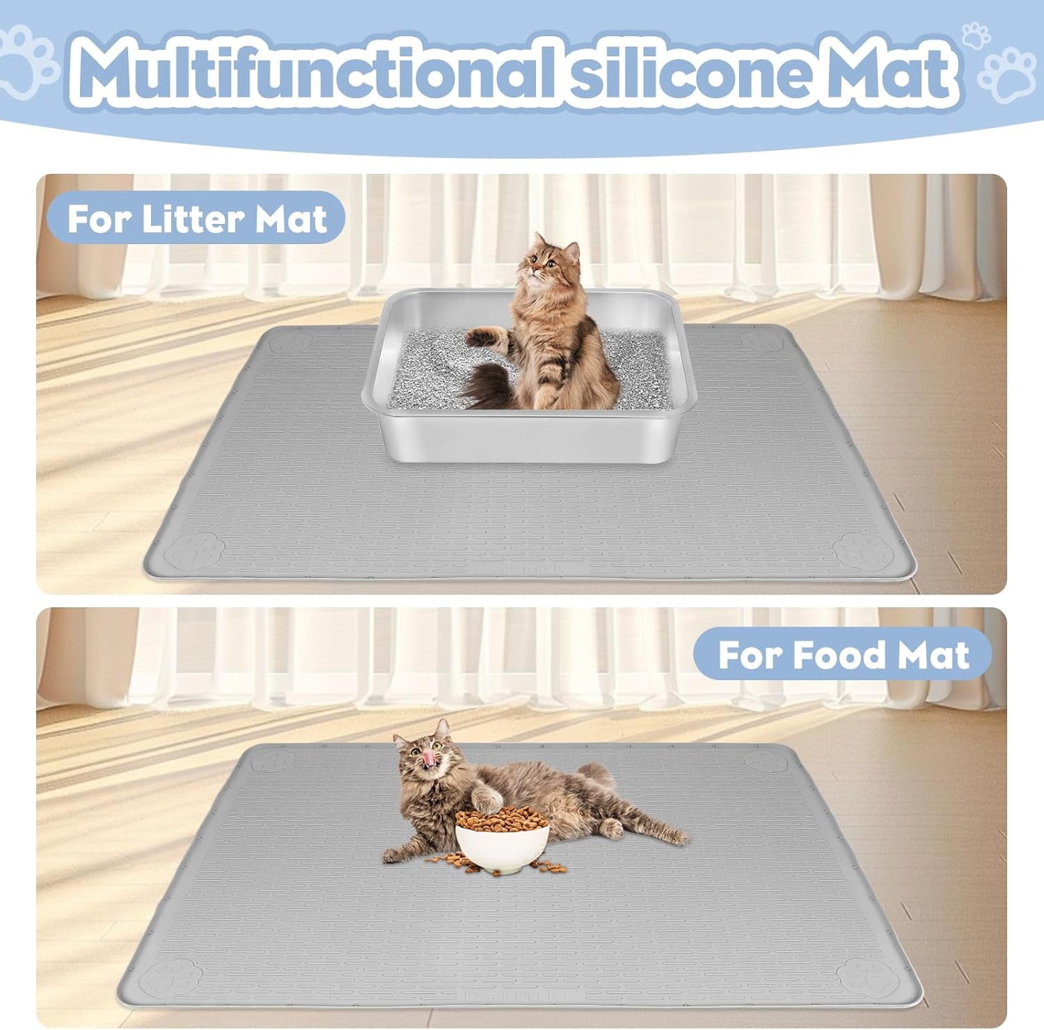Kalolary Cat Litter Mat, Extra Large 40" x 28" Silicone Mat Litter Trapping Mat for Scatter Control, Soft on Kitty Paws, Easy to Clean (Gray)