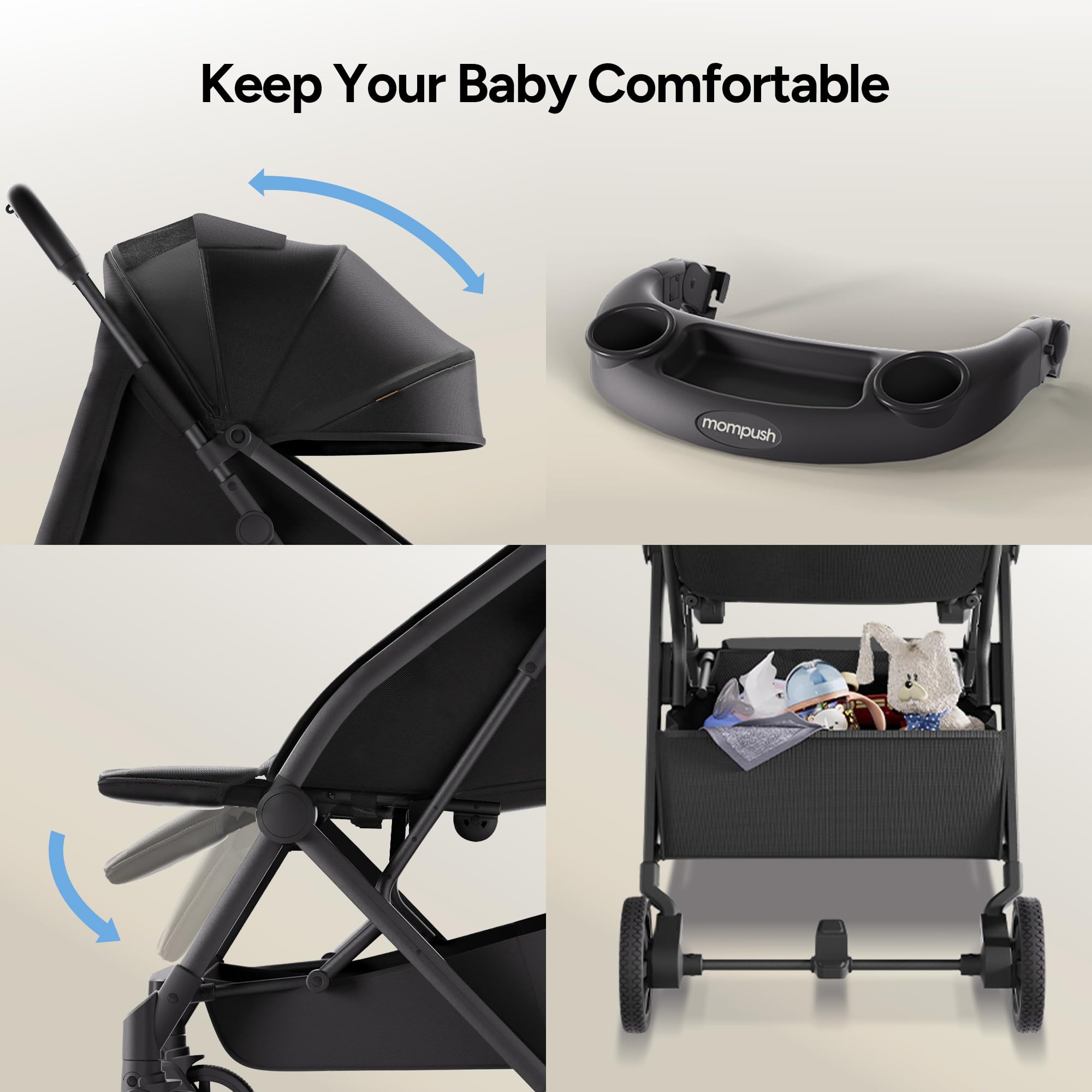 Mompush Lithe V2 Lightweight Stroller, Black, 17.3 LB photo 7