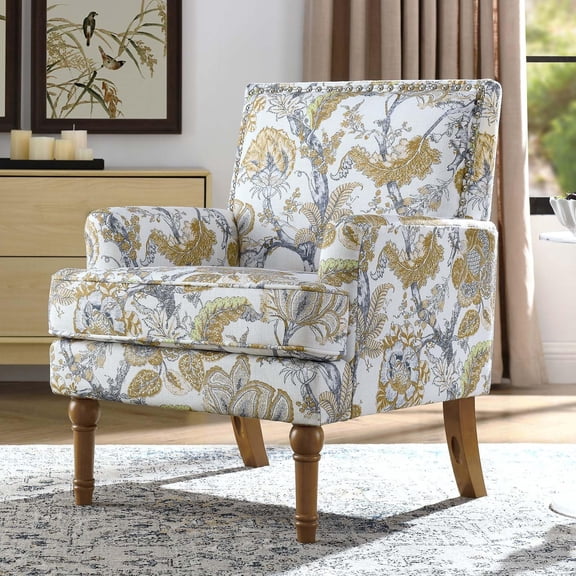 Vintage Floral Decorative Chair With Arms For Living Room, Occasional Antique Side Chair | High Back | Seat Cushion | Fabric Upholstery