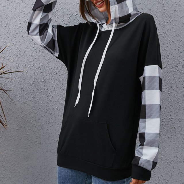 Sudadera con Capucha ANGGREK para Mujer Manga de Empalme a Cuadros Suave
