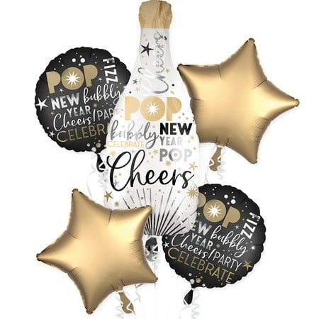 Party City Champagne Bottle New Year’s Eve Balloon Bouquet, Party Supplies, 5 Count