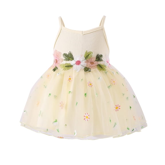 Mercatoo I𝐧fant Baby Girls Rib-Knit Sleeveless Strap Dress Embroidered Flower Thin Mesh Tutu Su𝐧dress Summer Clothes