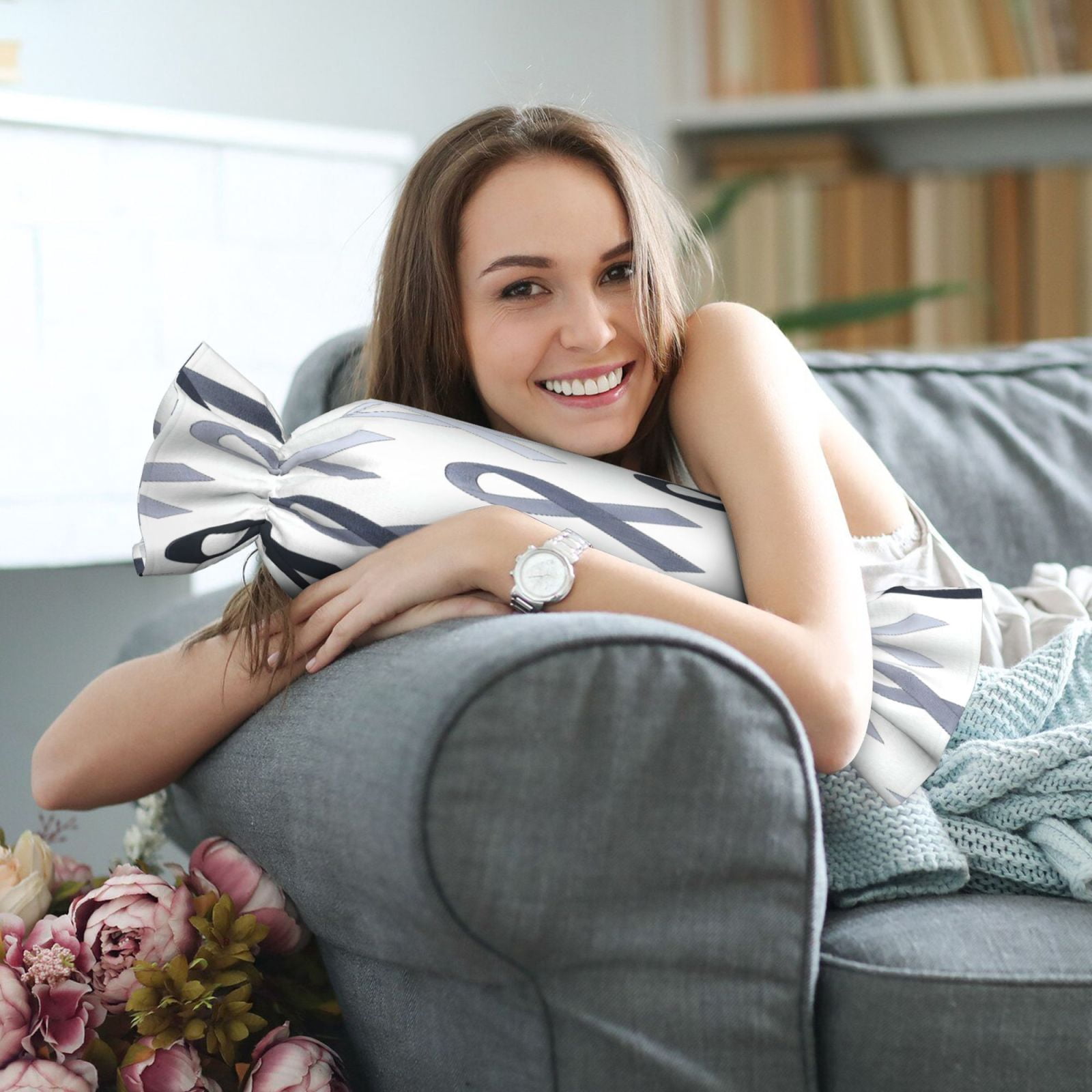 Candy Throw Pillow Travel Cervical Pillow Cylindrical Neck Body Cushion With Insert For Bed Couch Home Decor 9.8x24.4in Cancer Awareness Ribbon Pattern - Grayscale Modern