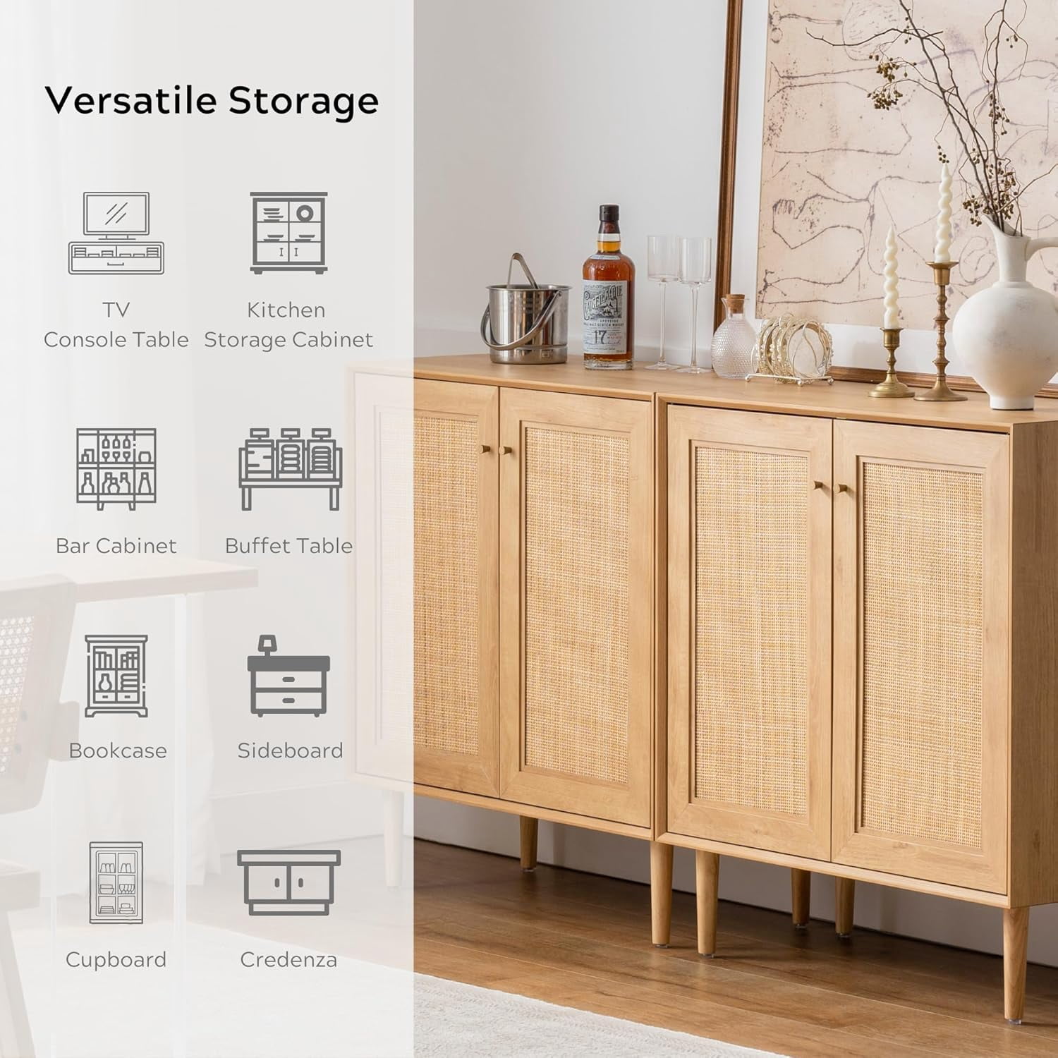 EYYTHUNG Accent Storage Cabinet with Rattan Doors, Small Sideboard Boho Buffet Kitchen Bar Cabinet, Natural Oak