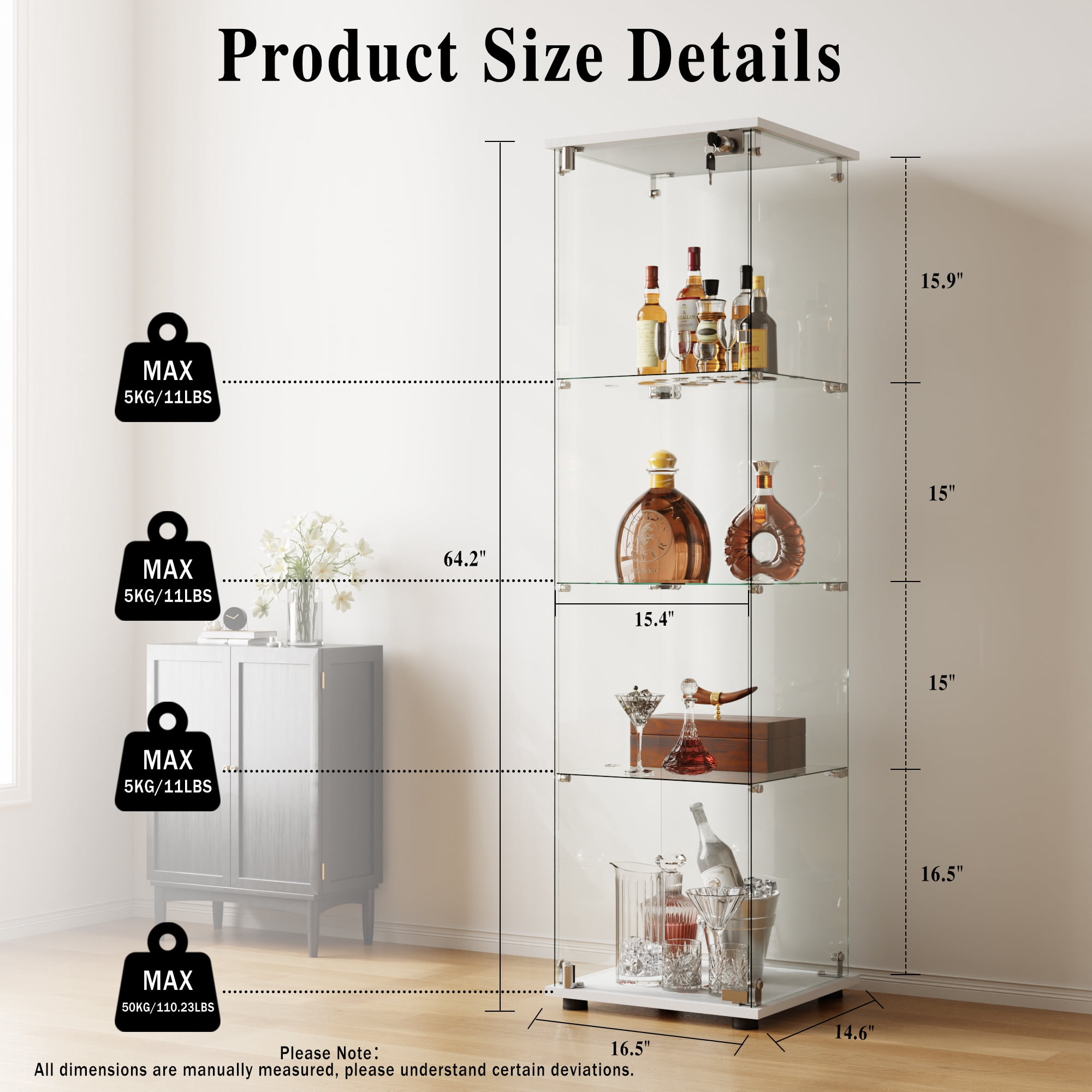 BEAUTYPEAK 64" Display Cabinet with Glass Doors,4-Tier Single-Door Curio Cases with White Panels