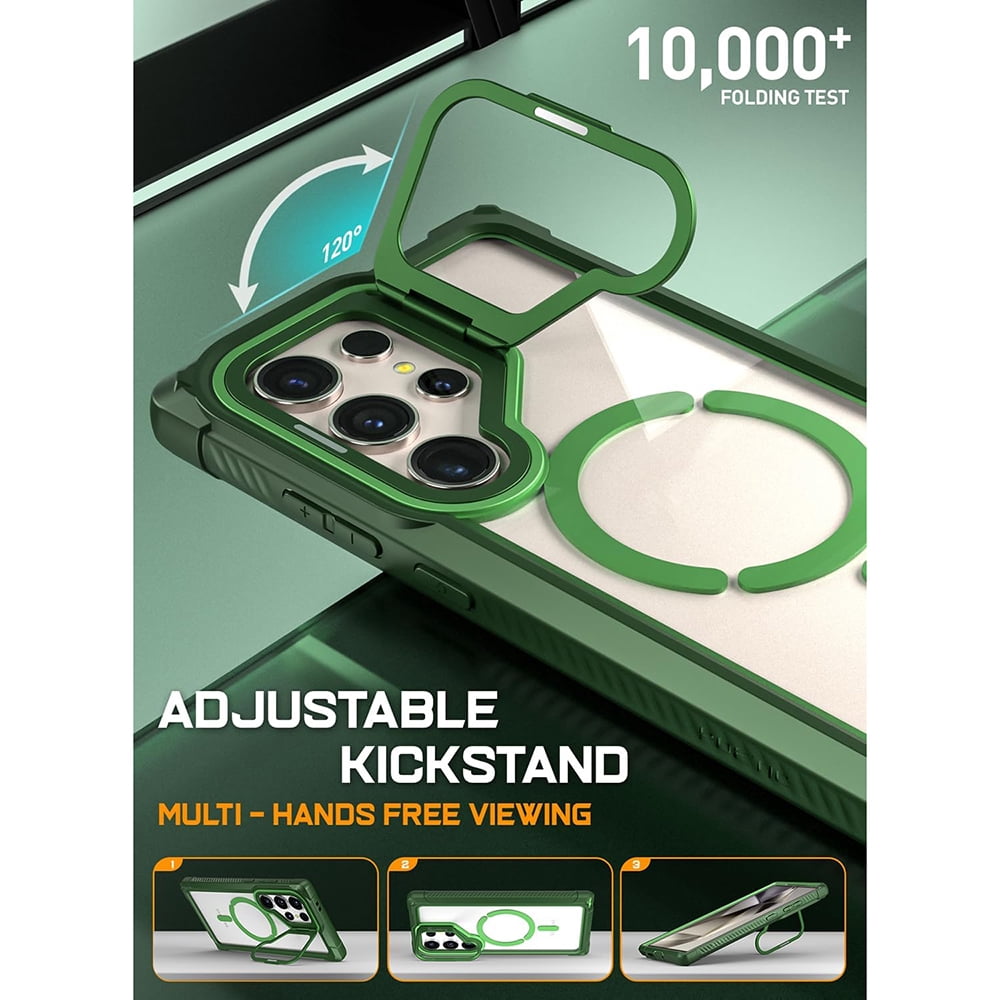 Poetic Guardian Case for Samsung Galaxy S24 Ultra 6.8", [Built-in Camera Stand] [Screen Protector Work with Fingerprint ID] Full Body Shockproof Protective Rugged Clear Cover, Green/Clear