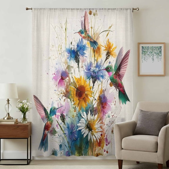 Hummingbird Sheer Curtains 84 Inches Long, Spring Vintage Oil Painting Sunflowers Beige Light Filering Curtains, Breathable Simi Curtain Privacy Drapes for Living Room Bedroom Window Treatment