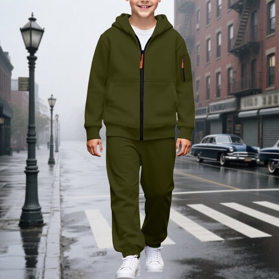 YMNXA Big Kids Boys Outfits Two Piece Long Sleeve Solid Color Zipper Pocket Hoodies And Jogger Pants Stylish Soft Sets For Daily Wear Army Green 4-5 Years