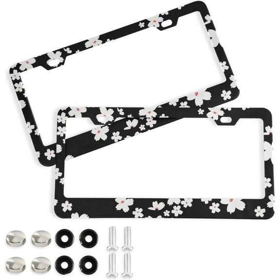 Coolnut White Flowers Black 2 Holes Car License Plate Frames 2PCS, Car License Plate Holder with Screw Caps Cover Set Automotive Exterior Parts Decoration for US Vehicles
