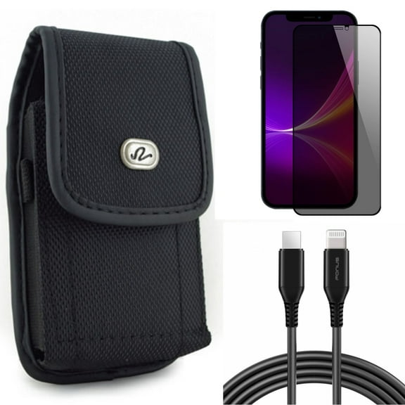 6ft PD Cable & Privacy Screen Protector & Case Belt Clip for iPhone 13 Pro Max ONLY - USB-C Fast Charger Long   Tempered Glass Curved Anti-Spy   Rugged Holster Canvas Combo