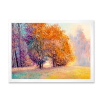 Designart 'Autumn Forest Orange Leaves Landscape' Lake House Framed Art Print