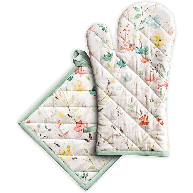 Colmar 100% Cotton Set of Oven Mitt (7.5 Inch by 13 Inch) and Pot Holder (8 Inch by 8 Inch) for BBQ | Cooking | Baking | Grilling | Microwave | Barbecue | Spring/Summer