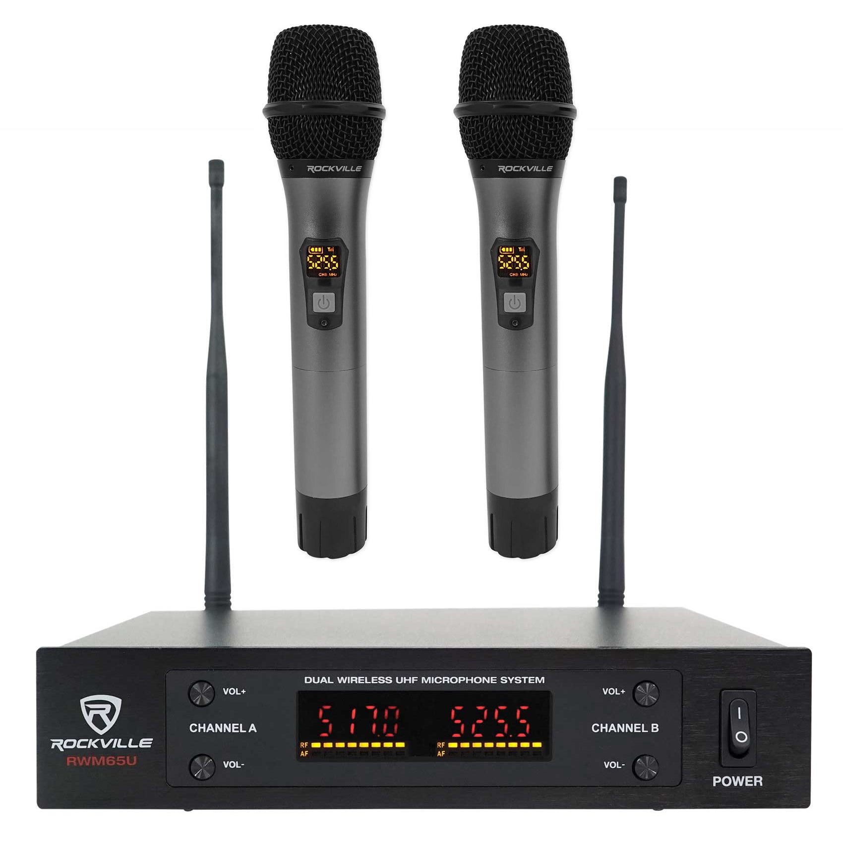Rockville Dual UHF 15-Ch Metal Handheld Wireless Vocal Karaoke Microphone System
