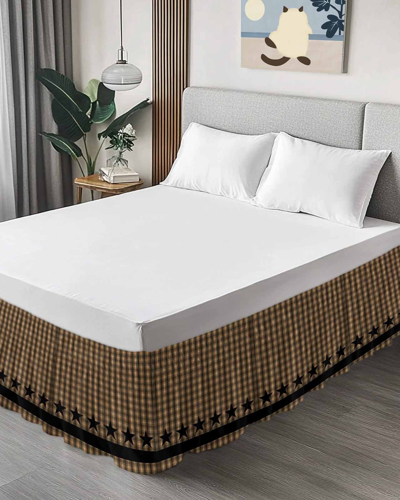 Brown Black Plaid Bed Skirt Queen Size, Vintage Rustic Star Buffalo Check Wrap Around Bed Skirting with Adjustable Elastic Strap, Dust Ruffle Pleated Bedskirts 16 Inch Drop for Bedroom Queen Beds