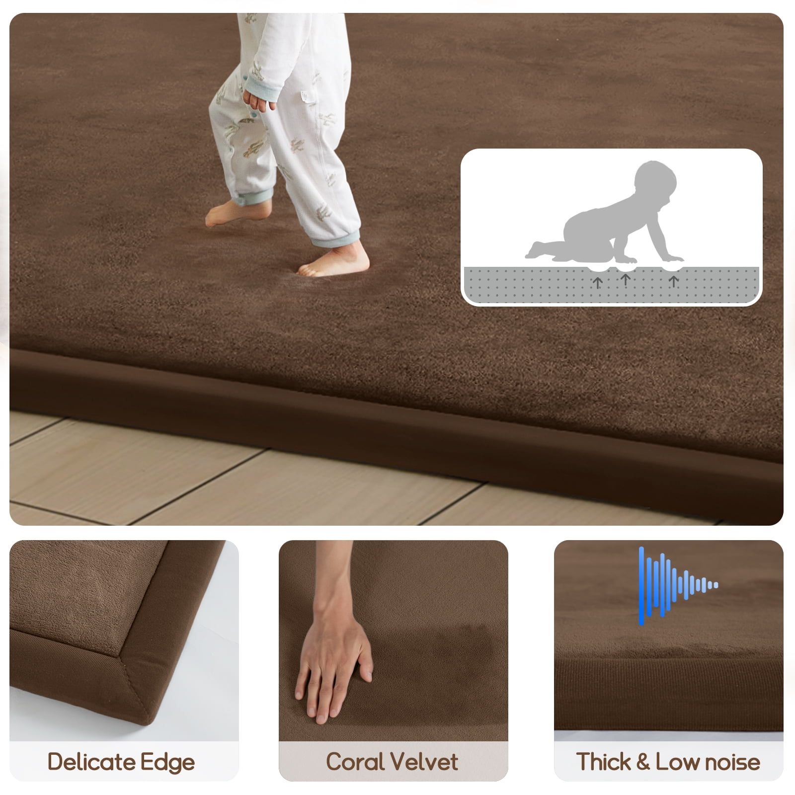 Teler Baby Play Mat for Floor, 1.3" Thick Foam 50"×50" Playmat, Ultra-Soft Plush Feel & Non-Slip Backing Safe for Infants, Toddlers Crawling, Coffee