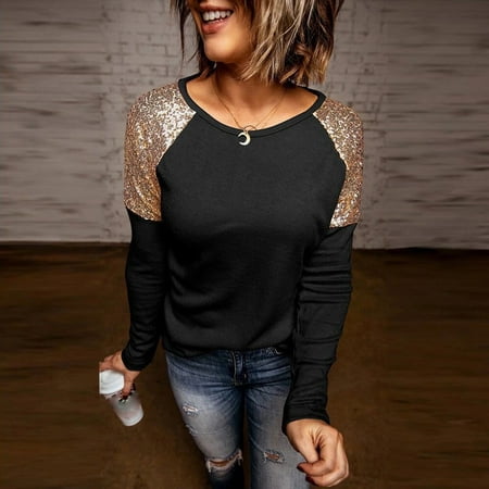 

YFPWM Trendy Tops for Women Business Office Top business casual tops plus size corset top Business Causal TopsSequins Deer Velvet O Neck Long Sleeve Tops