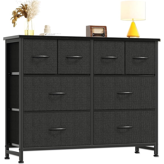 LiteHaven  Dresser for Bedroom with 8 Fabric Drawers, Wide Fabric Dresser for Closet, Storage Tower with Wood Top and Mental Frame, Storage Unit for Living Room,Hallway, Entryway  Black
