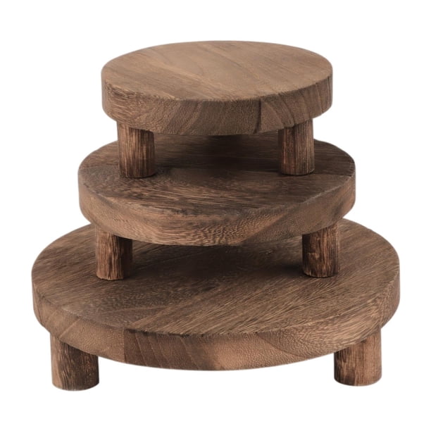 3 taburetes redondos de madera con pedestal, bandeja pequeña para macetas de 5, 6 y 8 pulgadas, estilo rústico. Marrón oscuro