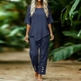 thumbnail image 2 of PRINxy Women All Match Linen Texture Two Piece Outfit Summer Crew Neck Short Sleeve Top Loose Wide Leg Pants Ladies Outdoor Leisure Daily Wear Suit Navy XL, 2 of 7
