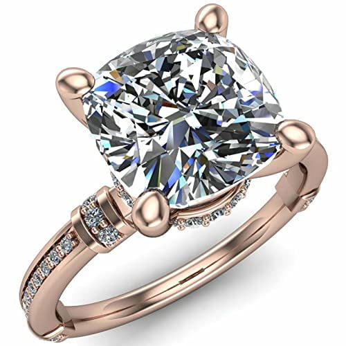 HeartsAndYou 3.5ct Cushion Cut Moissanite Choker Solitaire Hidden Halo Ring 18k Rose Gold over Silver