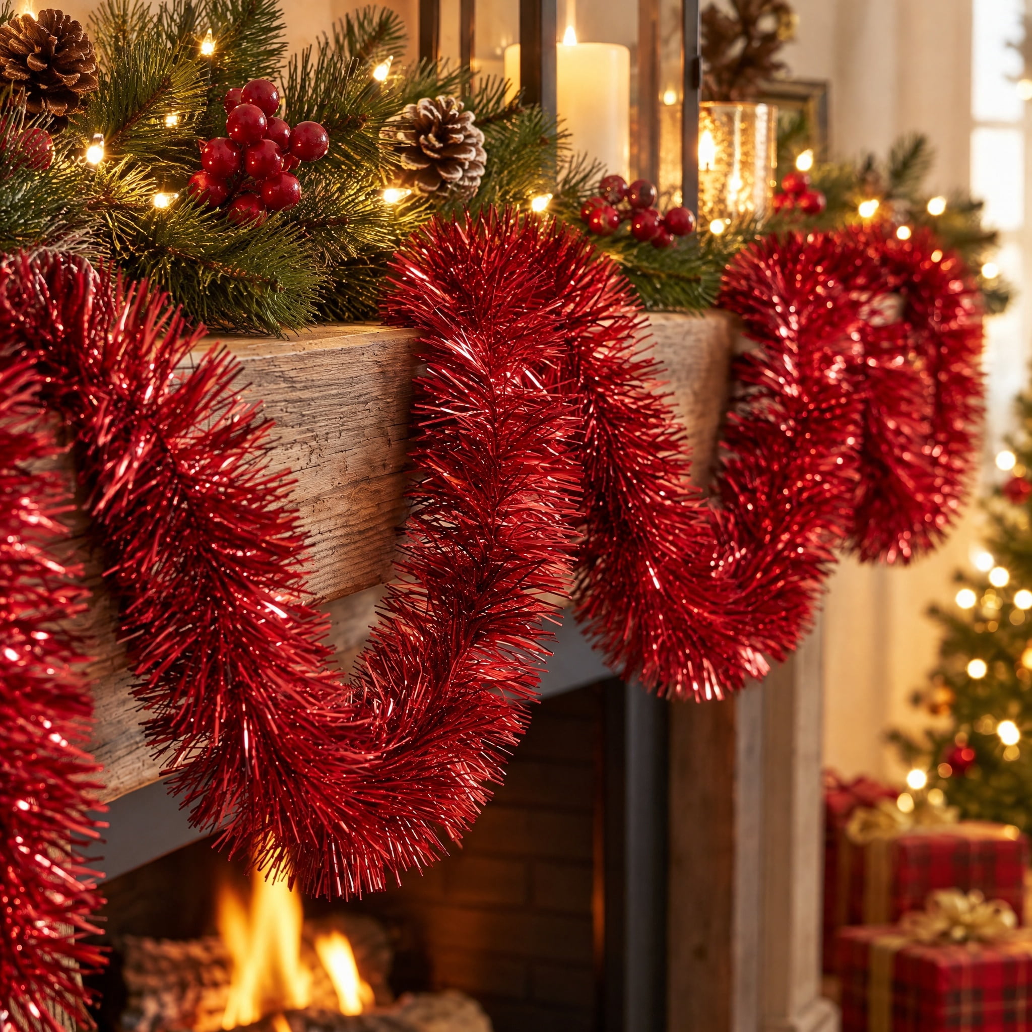 Tinsel Christmas Garland, Red, 12', by Holiday Time