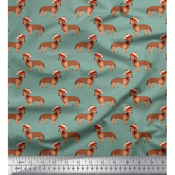 Soimoi Cotton Voile Fabric Hat & Dachshund Dog Print Fabric by The Yard 42 Inch Wide