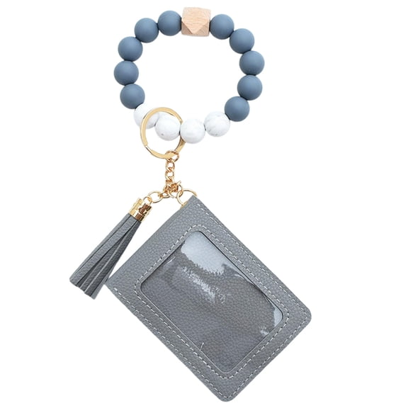 Mecorevxz Keychain Bracelet Wristlet, Silicone Beaded Key Ring Bracelet with Card Wallet, Elastic Keyring Bangle for Women(Gray)