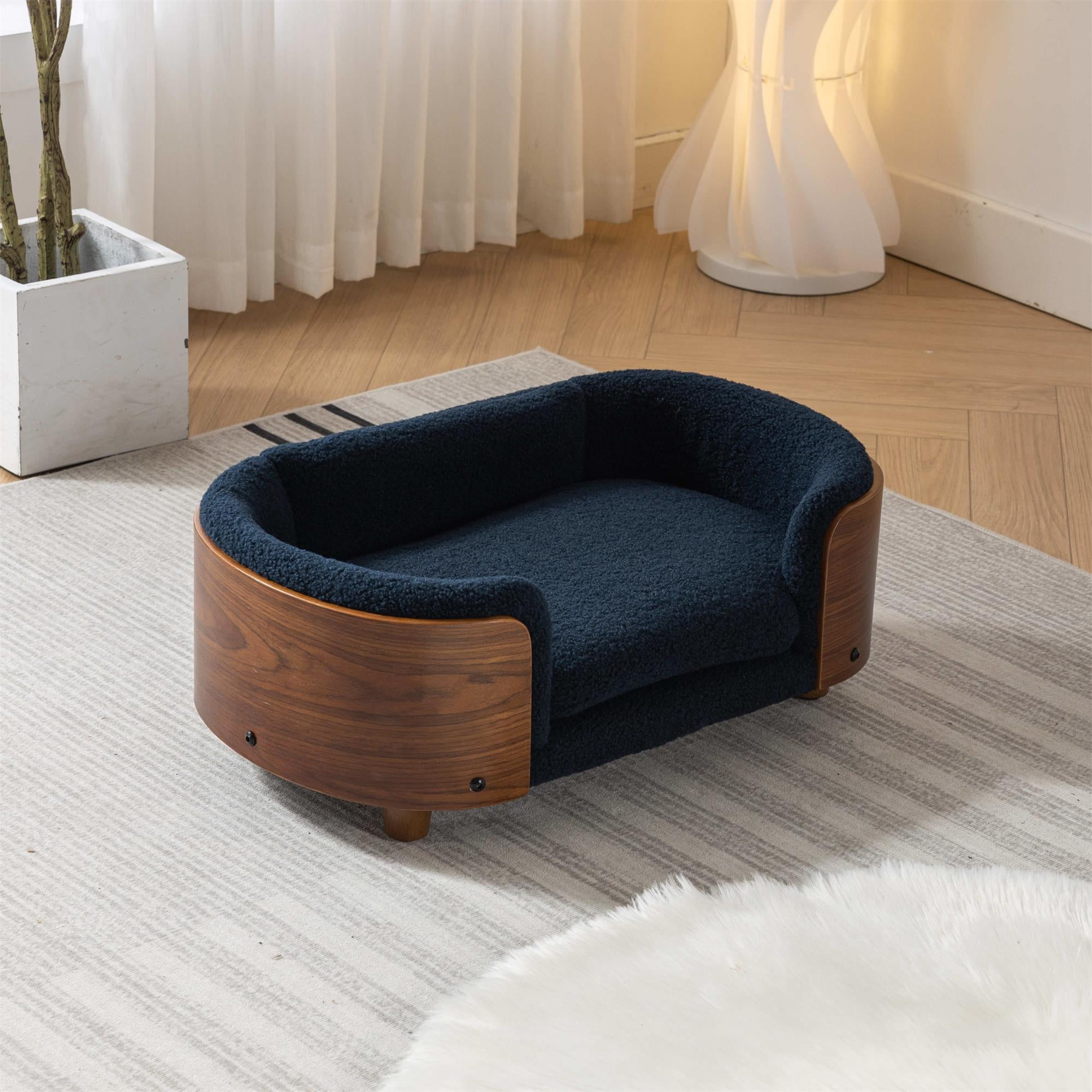 Pefilos 26" Pet Sofa for Indoors Dogs, Cat and Dog Bed with Solid Wood Legs and Walnut Bent Wood Back, Cashmere Cushion, Blue Pefilos 26" Pet Sofa for Indoors Dogs, Cat and Dog Bed with Solid Wood Legs and Walnut Bent Wood Back, Cashmere Cushion, Blue